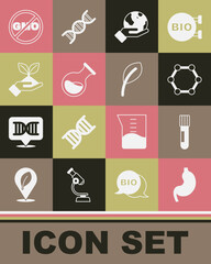 Set Human stomach, Test tube and flask, Molecule, Hand holding Earth globe, Plant hand, No GMO and Leaf or leaves icon. Vector