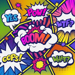 pop art comics book magazine, speech bubble, balloon, box message	