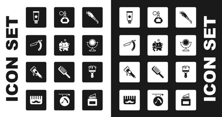 Set Electrical hair clipper, Bar of soap with foam, Straight razor, Cream cosmetic tube, Round makeup mirror, Aftershave, Shaving brush and icon. Vector