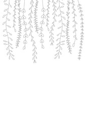 Abstract card background with branches and leaves hanging from the top. Black and white illustration on white background with space for lettering, vector