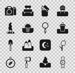 Set Wrist watch, Marshmallow on stick, Trash can, Lighter, Sunrise, Campfire, Photo camera and Magnifying glass icon. Vector