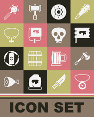 Set Necklace with gem, Wooden axe, Viking flag, Shield viking, book, Mace spikes and Skull icon. Vector