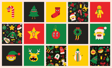 Merry Christmas and Happy New Year 2023. Vector trendy abstract illustrations of holiday card with santa claus, deer, crazy geometric shapes, christmas tree and wreath for poster.