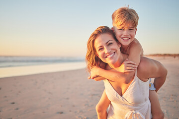 Mom, piggyback kids and portrait at beach holiday, summer vacation and ocean relax together for fun, freedom and quality time in Australia. Happy mothers day, excited boy children and sunshine sea - Powered by Adobe