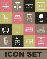 Set Furniture nightstand, TV table, Table lamp, Big bed, Chair, Dressing and icon. Vector
