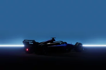 Gordijnen Silhouette of a modern generic sports racing car standing in a dark garage. 3d rendering © supamotion