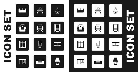 Set Lamp hanging, Armchair, Sofa, Wardrobe, Dressing table, Furniture nightstand and icon. Vector