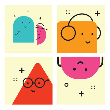 Set of Various bright Geometric Figures with face emotions. Different shapes. Hand drawn trendy Vector illustration for kids.