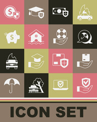 Set Shield in hand, Delivery insurance, Umbrella, Money with shield, House flood, Piggy bank, and Lifebuoy icon. Vector