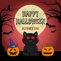 Halloween party invitation with black cat, pumpkins and bats