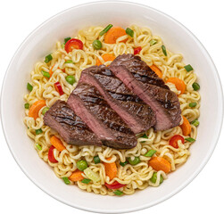 Instant noodles with grilled beef meat isolated 