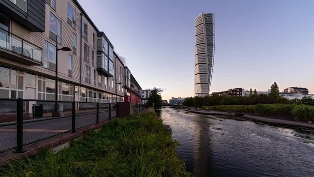 Day to Night Timelapse clip of Turning Torso residential building in Malmö, Sweden