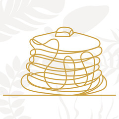 pancakes drawing by one continuous line, isolated vector