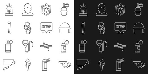 Set line Whistle, Paint spray can, Military helmet, Police badge, Handcuffs, rubber baton, Flasher siren and Protest icon. Vector