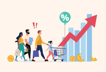 Inflation vector illustration with people carrying groceries in shopping bags and cart - prices increase and money devaluation problem - obrazy, fototapety, plakaty