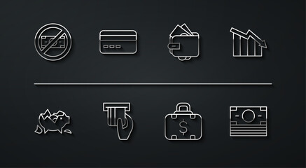 Set line No money, Broken piggy bank, Financial growth decrease, Briefcase and, Credit card inserted, Stacks paper cash and Wallet with icon. Vector