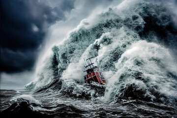 Schiff in Seenot, Orkan, Hurrikan, Taifun 