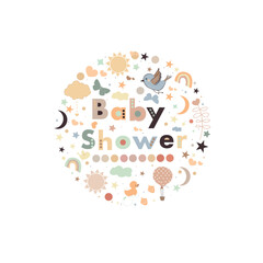 Baby Shower text with birthday symbols circle frame design greeting card