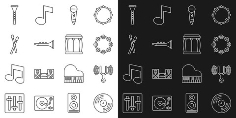 Set line Vinyl disk, Musical tuning fork, Tambourine, Microphone, Clarinet, Drum sticks, and icon. Vector