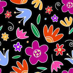 Bright floral seamless pattern. Vector print on black background