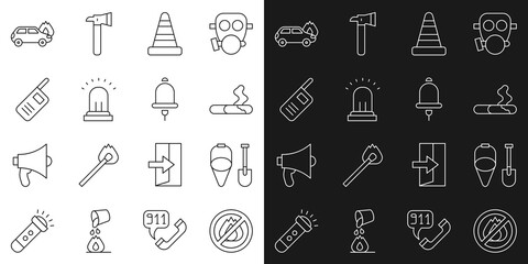 Set line No fire, Fire shovel and bucket, Cigarette, Traffic cone, Ringing alarm bell, Walkie talkie, Burning car and icon. Vector