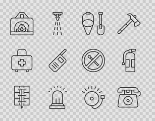 Set line Evacuation plan, Telephone call 911, Fire shovel and bucket, Ringing alarm bell, Interior fireplace, Walkie talkie, and extinguisher icon. Vector