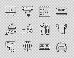 Set line Security camera, Taxi car, Hotel booking calendar, Bathrobe, Smart Tv, Paying tips, Electrical outlet and Toilet paper roll icon. Vector