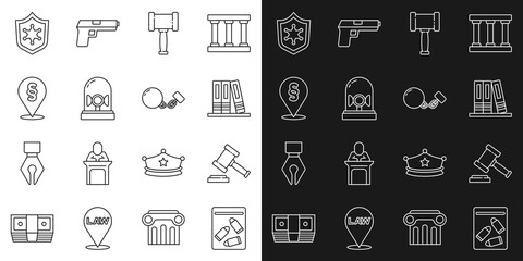 Set line Evidence bag and bullet, Judge gavel, Office folders, Flasher siren, Location law, Police badge and Ball chain icon. Vector