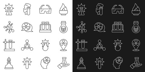 Set line Test tube and flask, Radioactive in location, Poison bottle, Safety goggle glasses, Molecule, Chemical explosion and icon. Vector