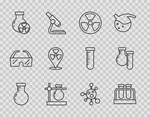 Set line Test tube and flask, Radioactive, on stand, radiation, in location, Molecule and icon. Vector