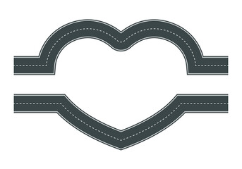 Vector illustration of heart shaped road with white markings isolated on white background. Empty heart shaped asphalt road in top view. Valentine Day template.