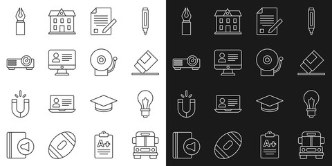 Set line School Bus, Light bulb with idea, Eraser or rubber, Exam sheet and pencil, Online class, Movie, film, media projector, Fountain nib and Ringing alarm bell icon. Vector