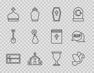 Set line Beat dead in monitor, Dove, Coffin with cross, Church building, tower, Flower vase, Christian chalice and Speech bubble rip death icon. Vector