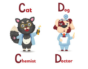 Latin alphabet ABC animal professions starting with d dog doctor and letter c cat chemist in cartoon style.
