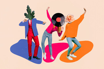 Creative abstract template collage of funny funky people dancing energetic disco party vinyl...