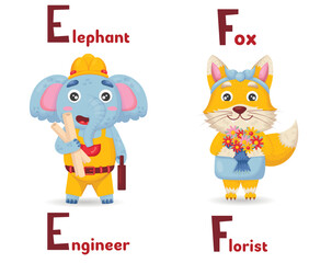 Latin alphabet ABC animal professions starting with e elephant engineer and letter f fox florist  in cartoon style.