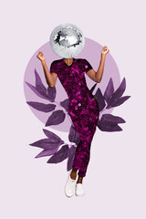3d retro abstract creative artwork template collage of elegant woman disco ball instead head costume sequins leaves enjoy party dancing