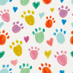 Colorful cute paw prints seamless fabric pattern - 534507233