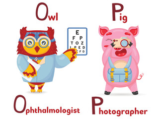 ABC latin alphabet animal professions starting with letter o owl ophthalmologist and letter p pig photographer in cartoon style.