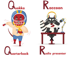ABC latin alphabet animal professions starting with letter q quokka quarterback and letter r raccoon radio presenter in cartoon style.