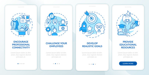 Efficiency management blue onboarding mobile app screen. Empowerment. walkthrough 4 steps editable graphic instructions with linear concepts. UI, UX, GUI template. Myriad Pro-Bold, Regular fonts used