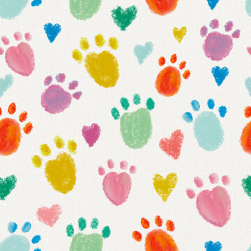 Colorful cute paw prints seamless fabric pattern