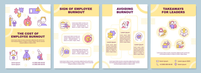 Employee burnout impact yellow brochure template. HR care. Leaflet design with linear icons. Editable 4 vector layouts for presentation, annual reports. Arial-Black, Myriad Pro-Regular fonts used