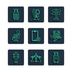 Set line Airport control tower, Plane, Suitcase, Road traffic sign, No cell phone, Human waiting in airport terminal, and Calendar and airplane icon. Vector