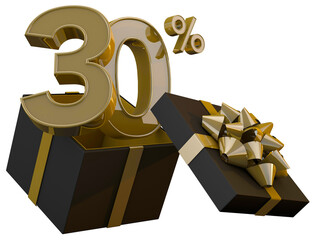 Black friday super sale with 30 percent gold number and black gift box and gold ribbon 3d render