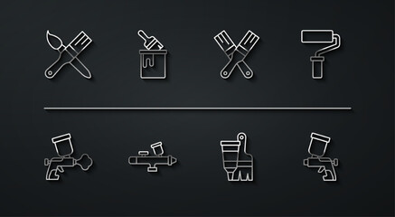 Set line Paint brush, spray gun, roller, Tube with paint and, bucket, and icon. Vector