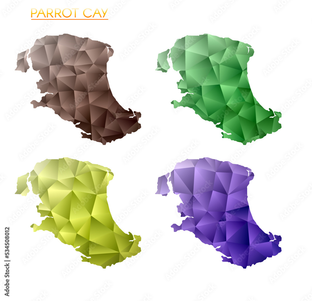 Poster set of vector polygonal maps of parrot cay. bright gradient map of the island in a low poly style. m
