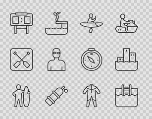 Set line Surfboard, Swimming pool with ladder, Kayak and paddle, Aqualung, Sport mechanical scoreboard, Swimmer, Wetsuit for scuba diving and Winner podium icon. Vector