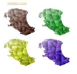 Set of vector polygonal maps of Parrot Cay. Bright gradient map of island in low poly style. Multicolored Parrot Cay map in geometric style for your infographics. Modern vector illustration.