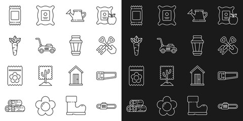 Set line Chainsaw, Hand, Shovel rake, Watering can, Lawn mower, Carrot, Fertilizer bag and Garden light lamp icon. Vector